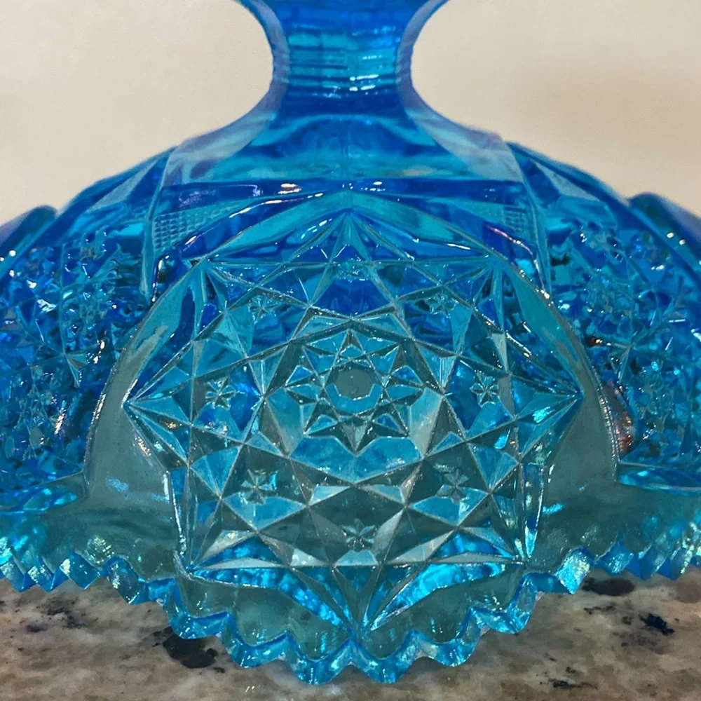 Vintage 1970s Kemple Wheaton Blue Glass Star Sawtooth Edge Handled Pedestal Bowl